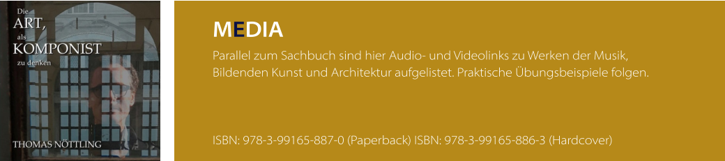 MEDIA Parallel zum Sachbuch sind hier Audio- und Videolinks zu Werken der Musik,  Bildenden Kunst und Architektur aufgelistet. Praktische Übungsbeispiele folgen.    ISBN: 978-3-99165-887-0 (Paperback) ISBN: 978-3-99165-886-3 (Hardcover)